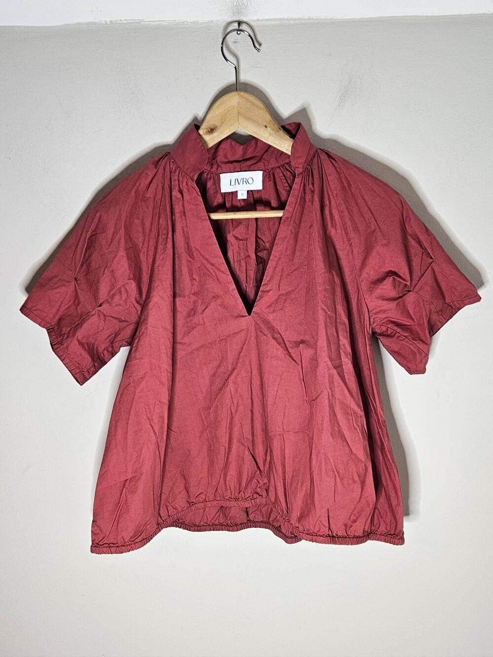Livro Merritt Rust Red Puff Sleeve Top Cotton Poplin Elastic Waist Women's S